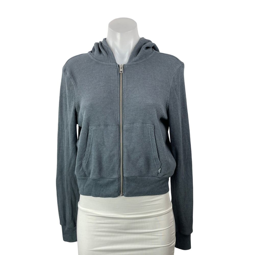 Aritzia TNA Blue Waffle Knit Thermal Full Zip Cropped Hoodie Hooded Sweatshirt S